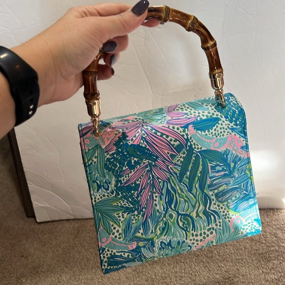 Lilly Pulitzer Top Handle Purse bamboo handle bag new nwot blue green pink - Picture 6 of 7